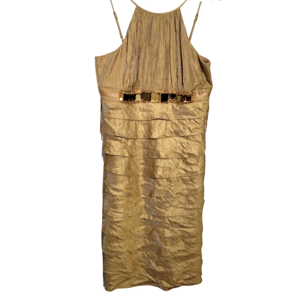 Adrianna Papell Dress Womens 6P Gown Gold Fluttery Ruffle Halter Cocktail Party